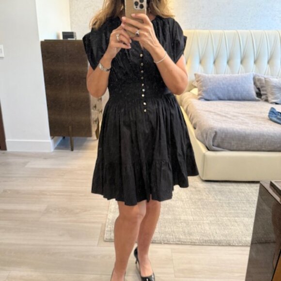 Sandro Black Cap Sleeve Gathered Button-Down Mini Dress Size 40 (US 8) - Picture 4 of 9